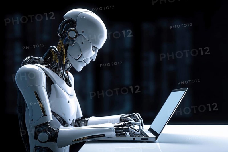 Artificial intelligence android robot writing text on laptop. KI generiert, generiert AI generated