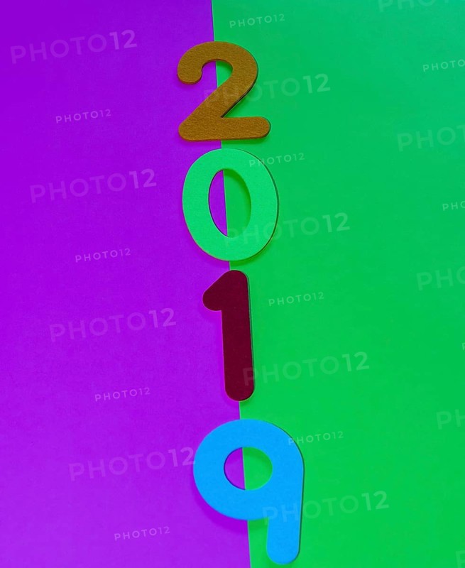 The numbers 2019 made of felt of different colors photographed on green and maroon background
