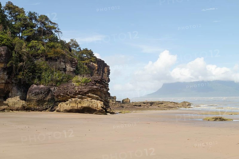 Cliff in Bako national park, sunny day, blue sky and sea. Vacation, travel, tropics concept, no people, Malaysia, Kuching, Asia