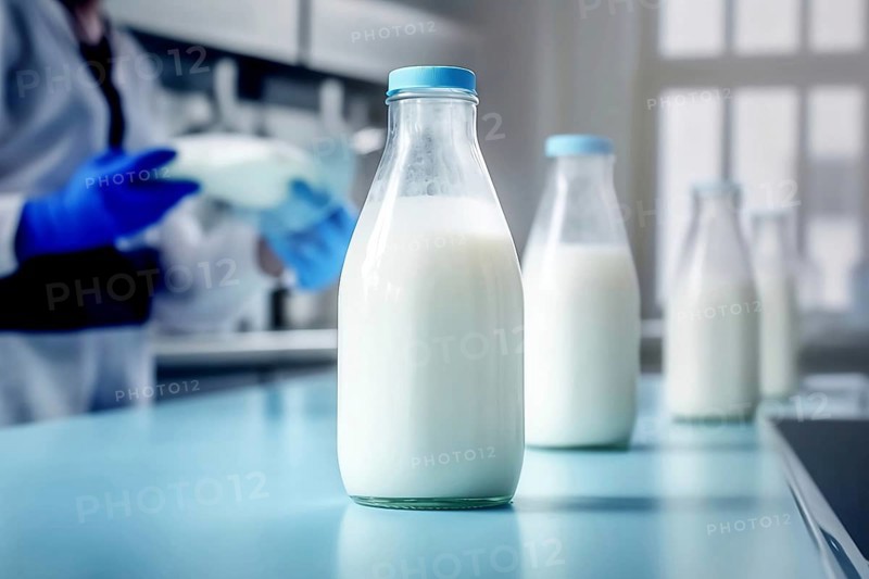 Milk glass bottle in laboratory. Concept for lab grown milk from artificial cultured dairy production. KI generiert, AI generated