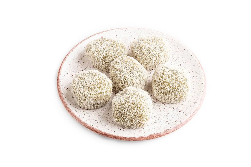 Japanese rice sweet buns mochi filled with pandan jam isolated on white background. side view, close up