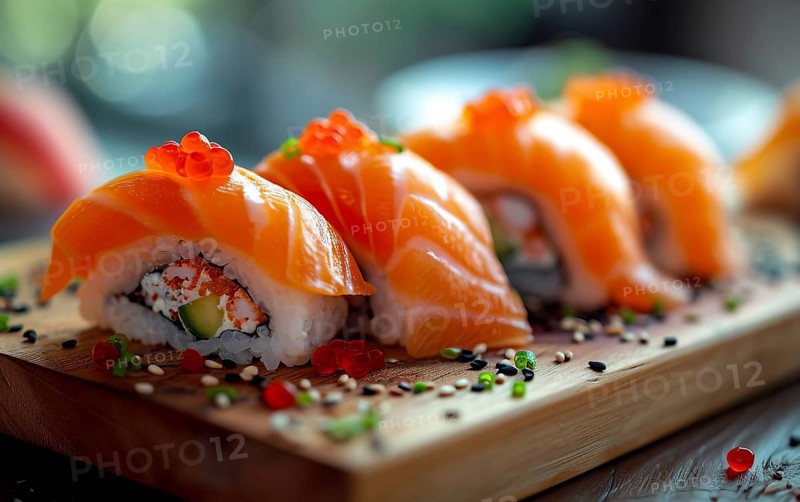 Sushi rolls topped with fresh salmon slices and roe, garnished with sesame seeds, AI generated