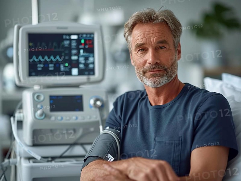 A man checks his blood pressure with a measuring device. Avoidance of bulk hypertension, scarcity, precaution, AI generated
