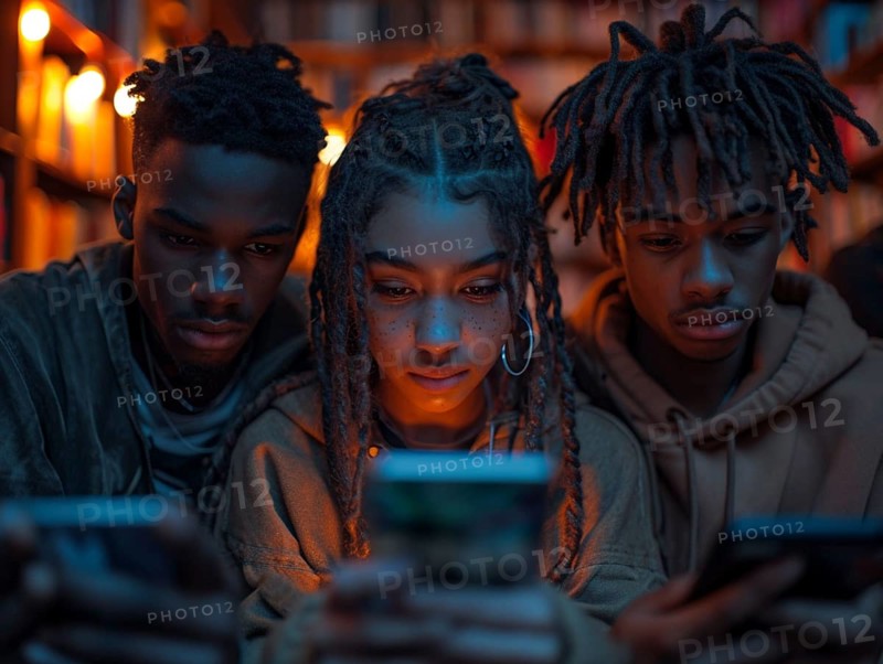 Several young people look bored at their cell phones, neglect social contacts, sport, reading, AI generated