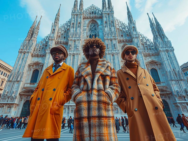 Fashion in Italy, men and women posing with new trendy fashion generated in Milan, AI generated