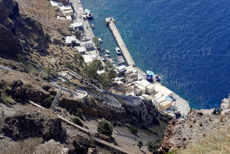 Fira, Santorini Island, Greece Panoramic view, with cable car cabins from the old harbour