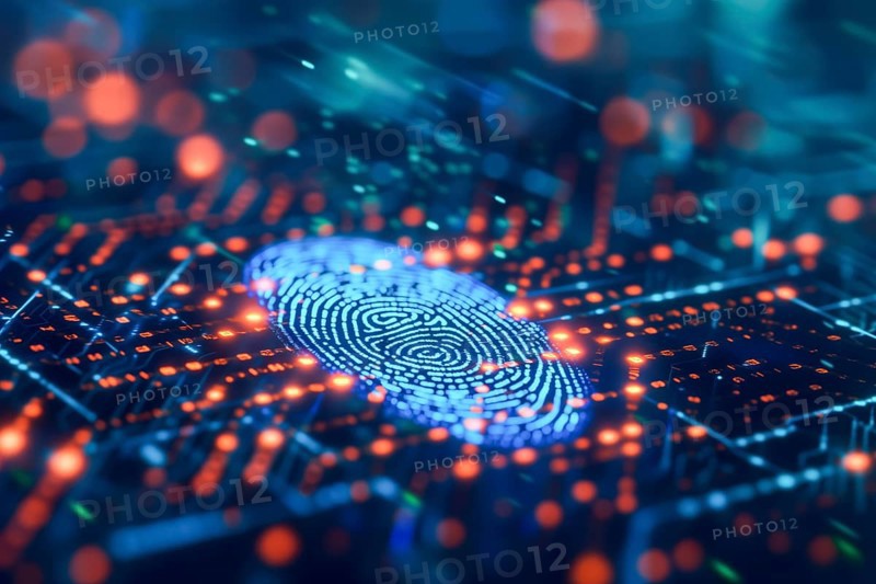 A fingerprint on a glowing blue circuit symbolises advanced security technology, biometric authentication, cyber security and fingerprint password, future technology and cybernetics, AI generated, AI generated
