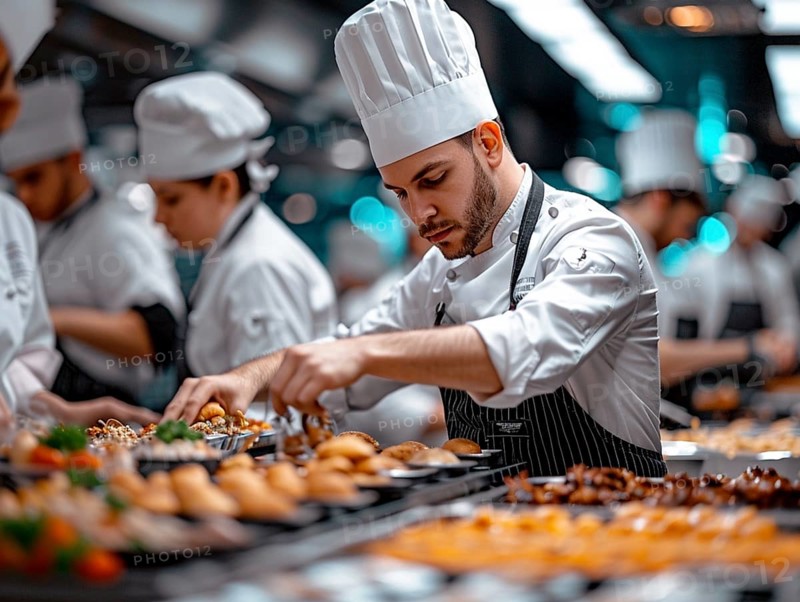 Chefs in a commercial kitchen at work, AI generated