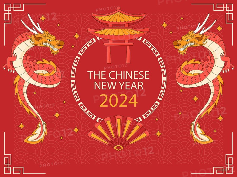 A festive Chinese New Year 2024 design with dragons and traditional red and gold decorations