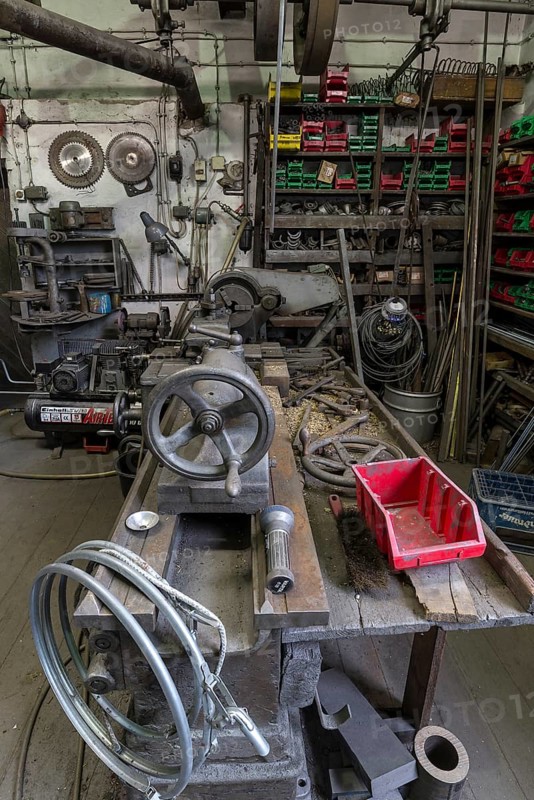 Workshop with lathe of a metal powder mill, founded around 1900, Igensdorf, Upper Franconia, Bavaria, Germany, metal, factory, Europe