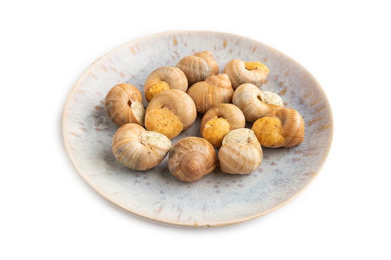 Grape (Burgundy) snails with butter and cheese isolated on white background. Side view