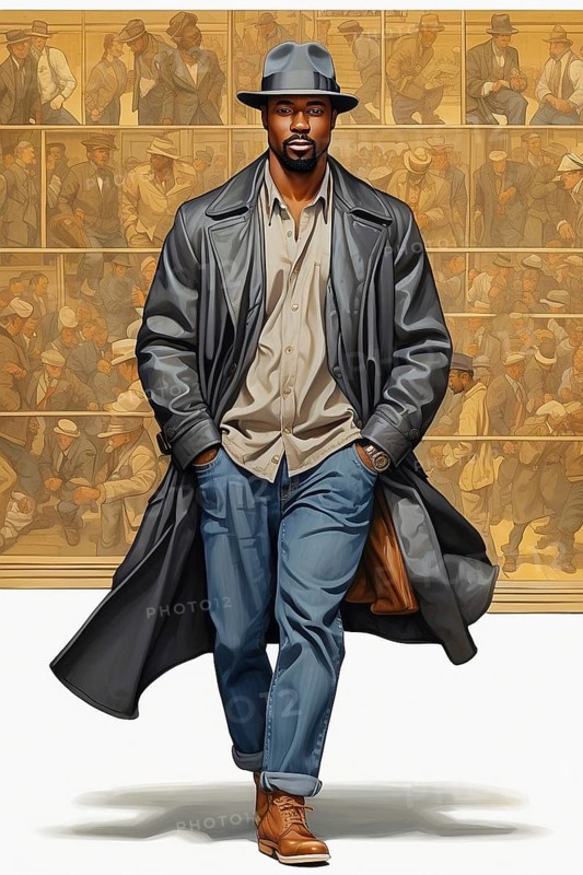 Portrait of american african 40s year old man cat walk pose wear jeans jacket and plain shirt ai generated, AI generated