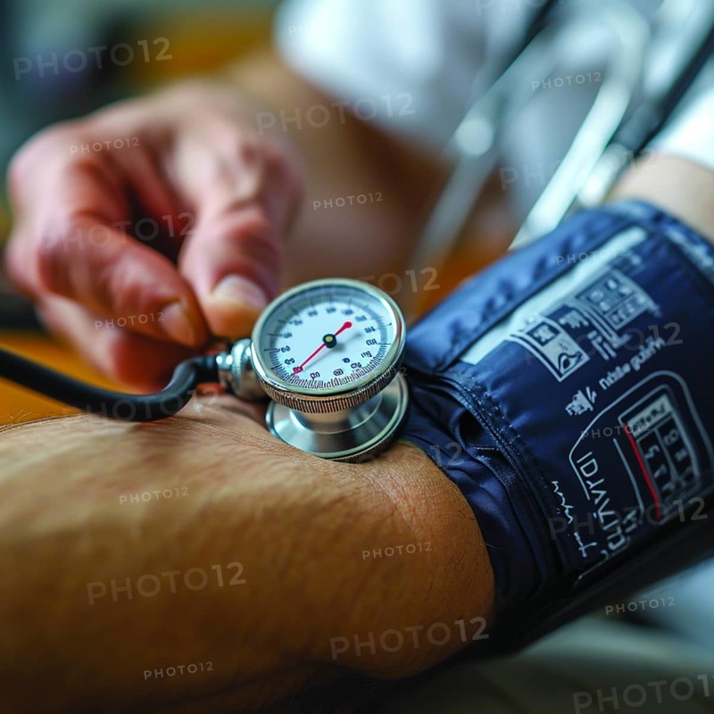 A man checks his blood pressure with a measuring device. Avoidance of bulk hypertension, scarcity, precaution, AI generated