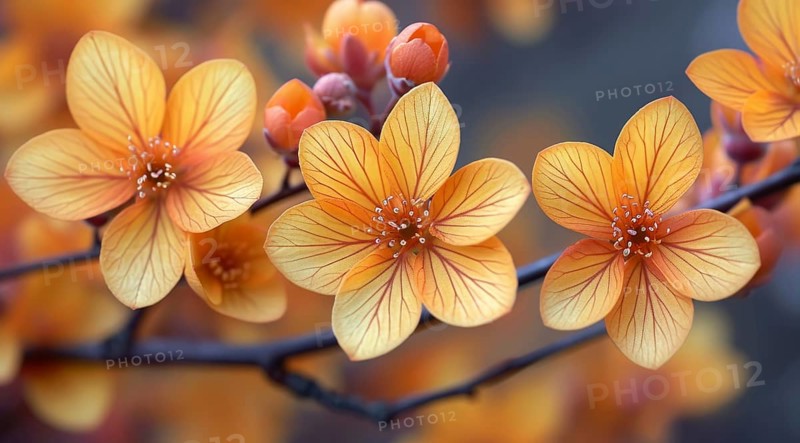 Vivid Berberis thunbergii orange flowers with detailed stamens against a blurred background, AI generated