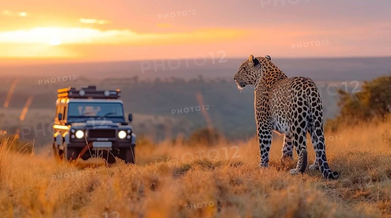 Leopard (Panthera pardus) in natural environment with Jeep, Landrover, AI generated