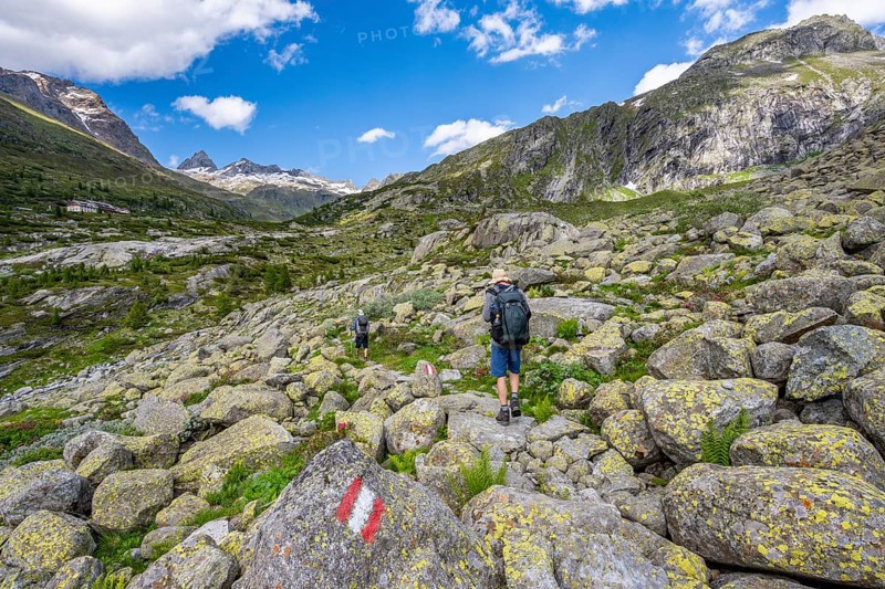 Mountaineers on a hiking trail in front of a picturesque mountain landscape, rocky mountain peaks with snow, behind mountain hut Berliner Huette and rocky mountain peaks, Berliner Hoehenweg, Zillertal Alps, Tyrol, Austria, Europe