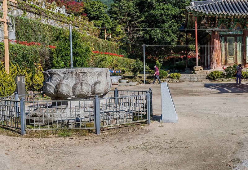 Rock carved lotus flower at Buddhist temple in Gimje-si, South Korea, Asia