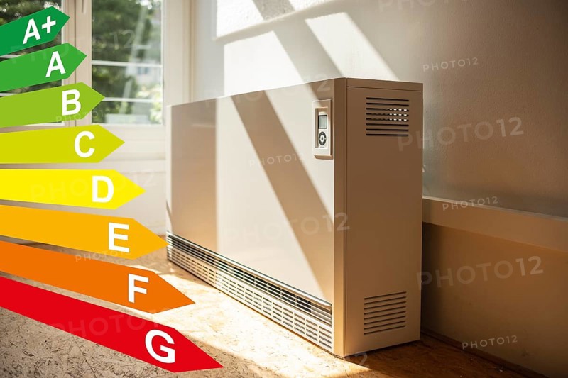 Night storage heating in a flat, diagram with energy efficiency classes for buildings according to the GEG, energy efficiency