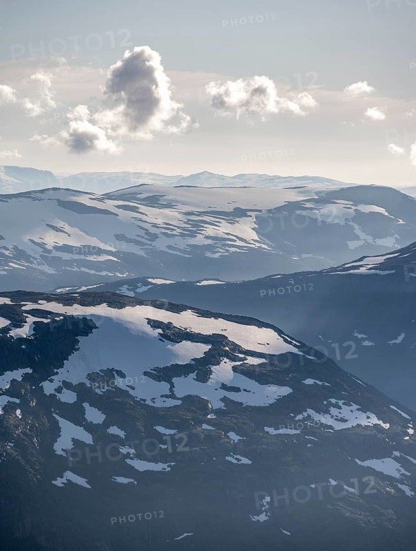 Mountain peak with Jostedalsbreen glacier, view from the summit of Skala, Loen, Norway, Europe