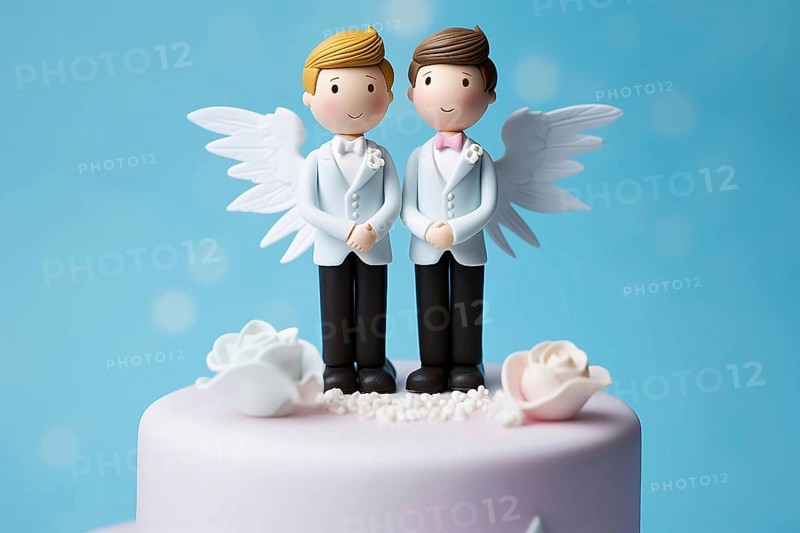Pair of male cake toppers. KI generiert, generiert AI generated, wedding, cake, wings, suit, roses