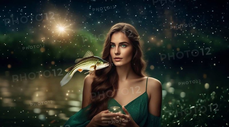 Young woman Pisces according to the zodiac sign with brown hair and blue eyes with a fish in her hands against the background of the starry sky. interpretation of the zodiac sign in human form.AI generated