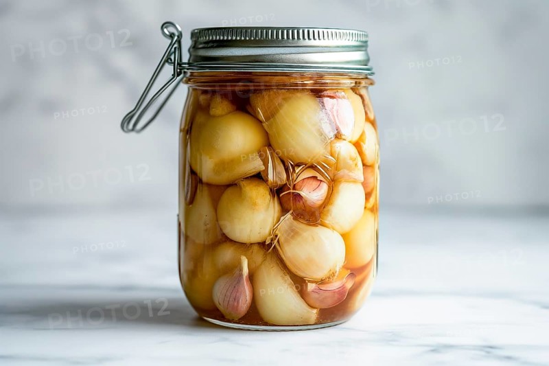 A closed preserving jar full of pickled garlic cloves and shallots on a marble surface, AI generated, AI generated