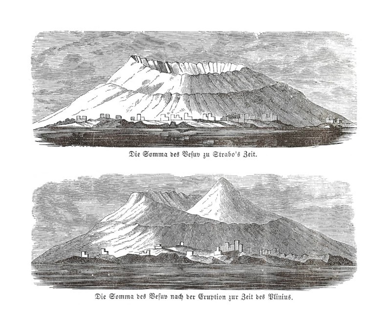 Comparison of two views of a volcanic crater, Vesuvius, Vesuvio or Vesuvius, black and white drawing, illustration, lithograph, geology, volcanology, artist: Bernhard von Cotta, Gulf of Naples, Campania, Italy, Europe