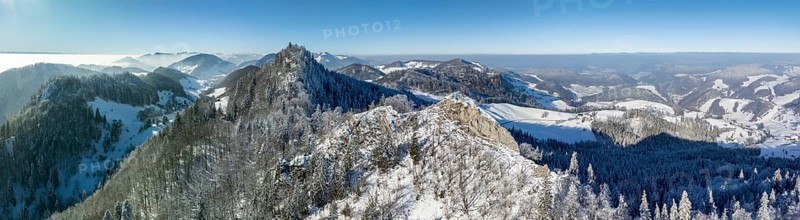 View over the first Jura chain with Belchenflueh towards the Black Forest, drone shot, Haegendorf, Solothurn, Switzerland, Europe