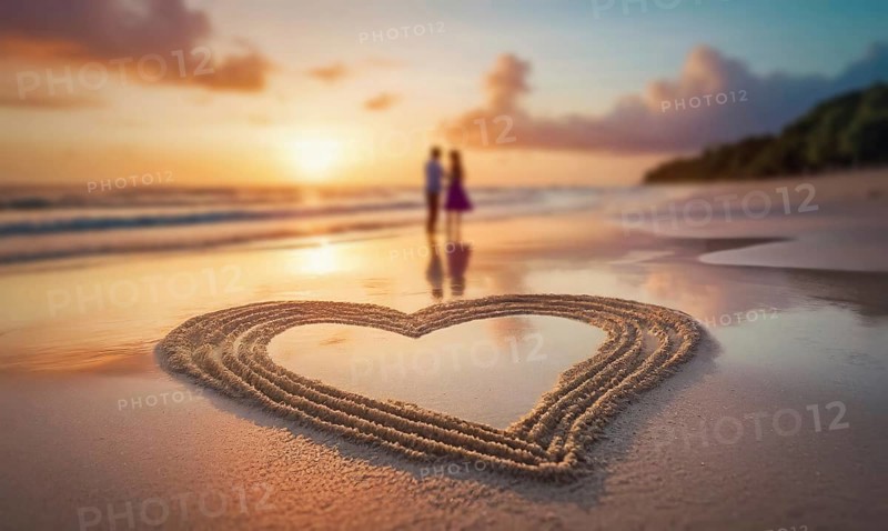 Heart drawn in the sand on a tropical beach and silhouette of a couple meets the dawn together at the sea. Love and romance concept, Valentines day background. Generative AI art, AI generated