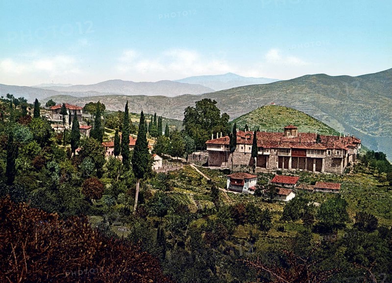 The monastery of Agia Lavra, near Kalavryta, Achaea, Greece, 1890, Historic, digitally restored reproduction from a 19th century original the monastery of Agia Lavra, near Kalavryta, Greece, Historic, digitally restored reproduction from a 19th century original, Europe