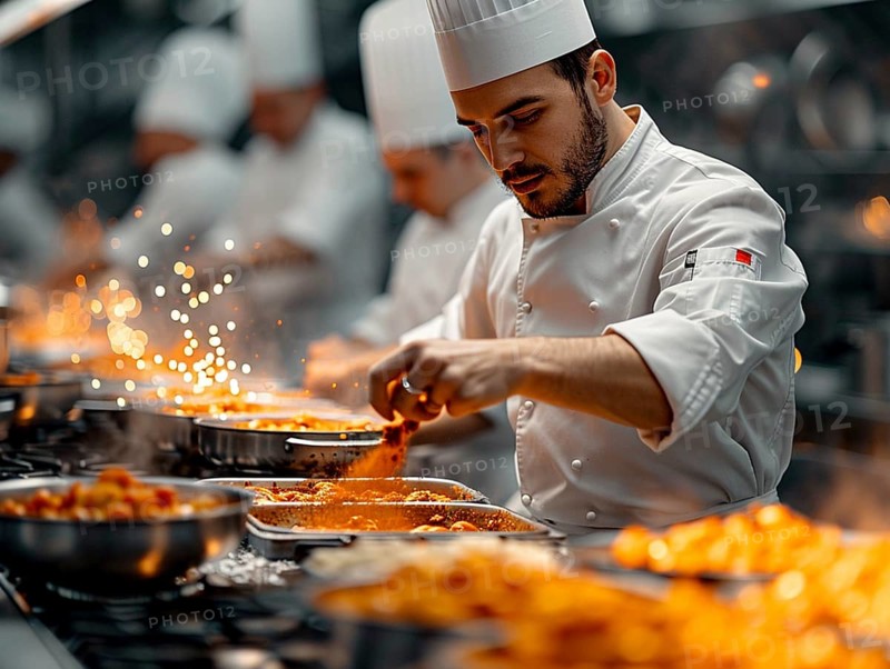 Chefs in a commercial kitchen at work, AI generated