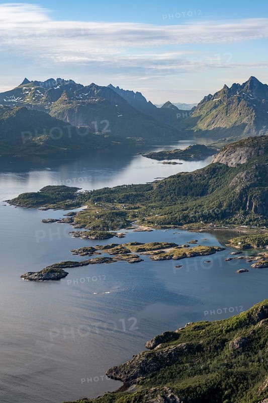 Fjord Raftsund and mountains, view from the top of Dronningsvarden or Stortinden, Vesteralen, Norway, Europe