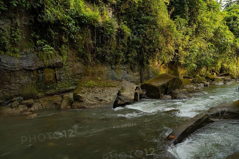 Uma Anyar waterfall, Bali island, Ubud, Indonesia. Jungle, tropical forest, daytime with cloudy sky