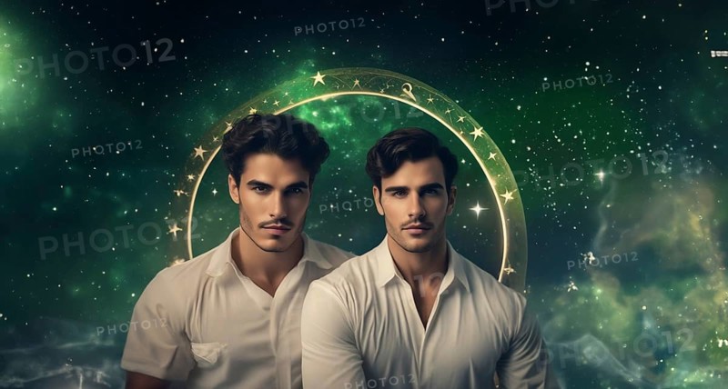 Young man Gemini by zodiac sign with dark hair and green eyes against the background of the starry sky.AI generated