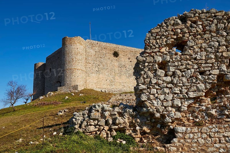 The ruins of an ancient castle, inner castle with a clear blue sky in the background, Chlemoutsi, High Medieval Crusader Castle, Kyllini Peninsula, Peloponnese, Greece, Europe