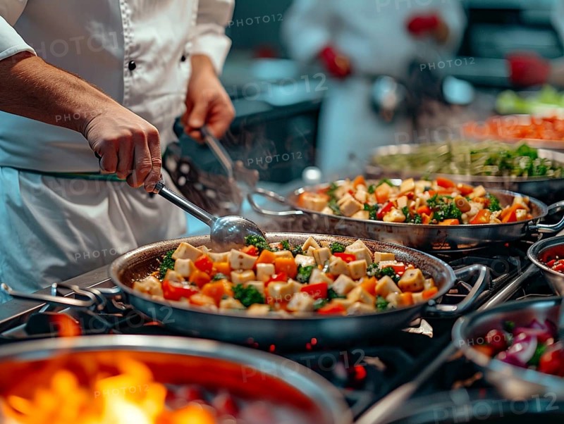 Chefs in a commercial kitchen at work, AI generated