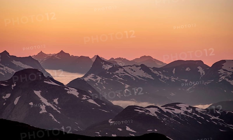 Mountain panorama, mountain peaks in soft light at sunset, view from the summit of Skala, Loen, Norway, Europe