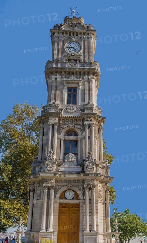 Four story clock tower in Istanbul park commissioned by Sultan Abdulhamid II in the early 19th century in Istanbul, Tuerkiye
