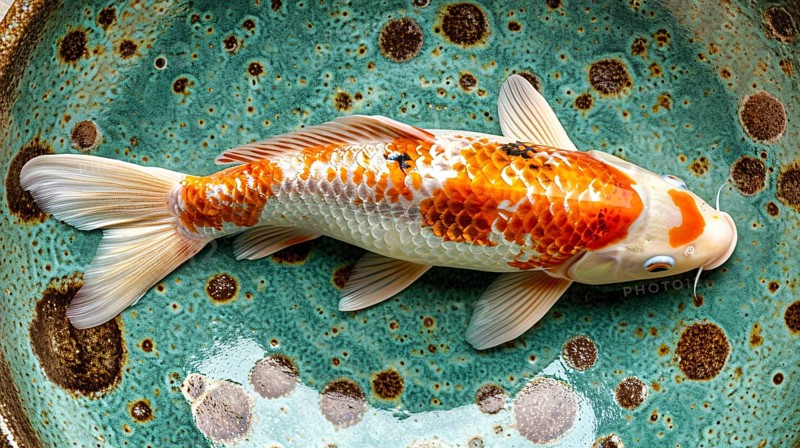 An orange and white koi carp swimming in a very small glazed clay bowl, AI generated, AI generated