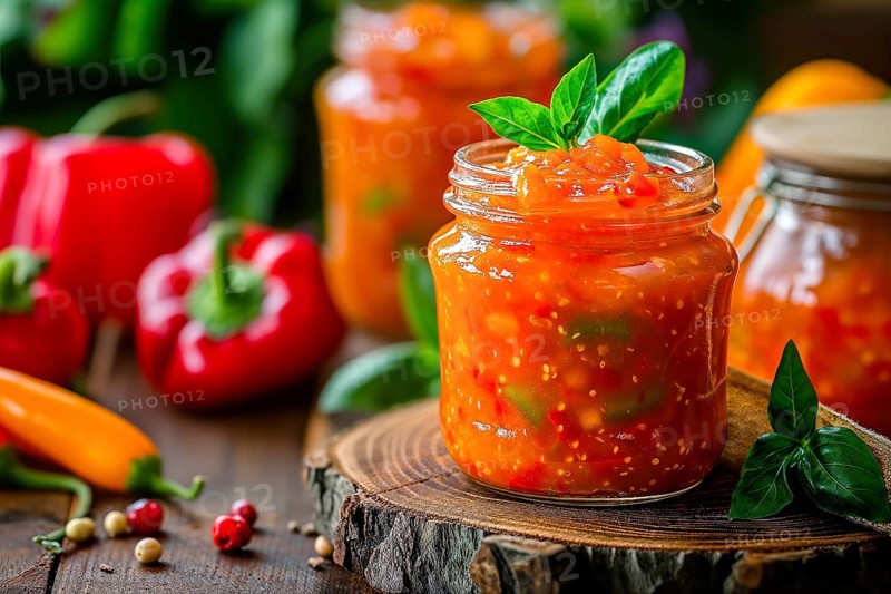 An open jar of homemade red pepper jam, garnished with fresh basil, KI generated, AI generated