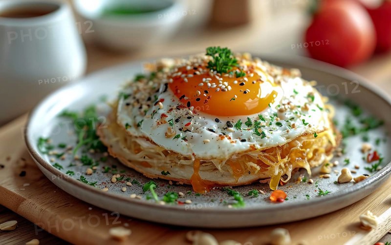 Golden hash browns topped with a sunny-side-up egg, garnished with sesame seeds, AI generated