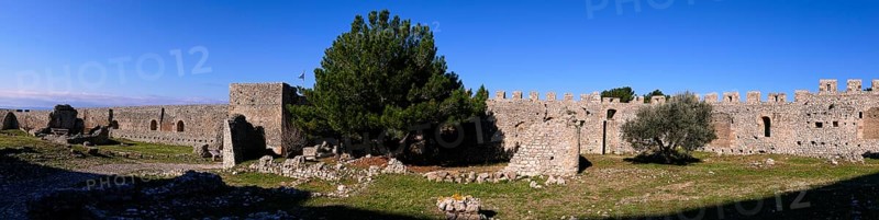 Panoramic picture of an old fortress, Chlemoutsi, High Medieval Crusader castle, Kyllini peninsula, Peloponnese, Greece, Europe