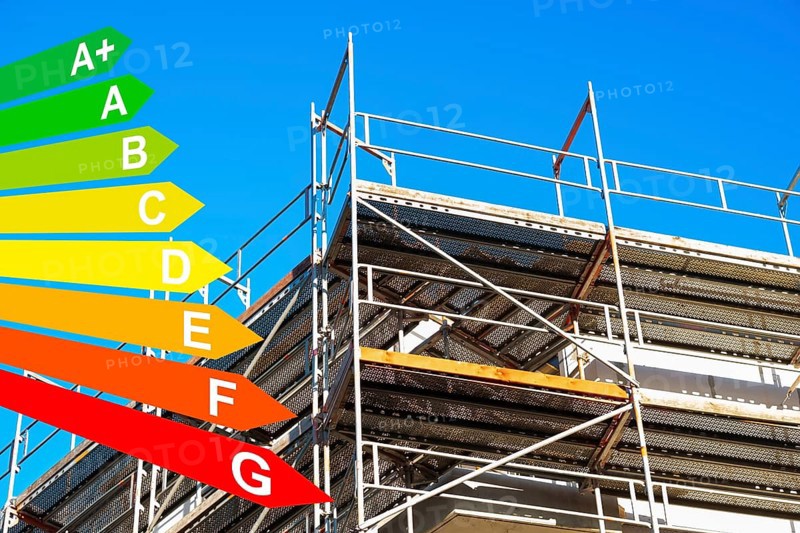 New development area of a residential neighbourhood, graphic with energy efficiency classes for buildings according to the GEG, Duesseldorf, Germany, energy efficiency, Europe