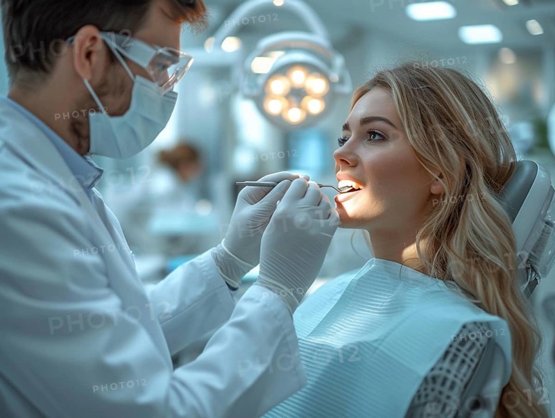 A patient is treated in a dental practice by a dentist, AI generated