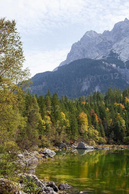 Zugspitze massif and Zugspitze with Eibsee lake, Wetterstein mountains, Grainau, Werdenfelser Land, Upper Bavaria, Bavaria, Germany, Europe