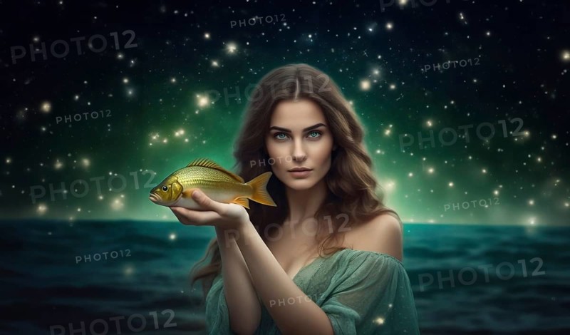 Young woman Pisces according to the zodiac sign with brown hair and blue eyes with a fish in her hands against the background of the starry sky. interpretation of the zodiac sign in human form.AI generated