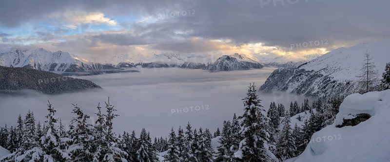 Mountain panorama, foggy landscape, Belalp, Naters, Brig, Canton Valais, Switzerland, Europe