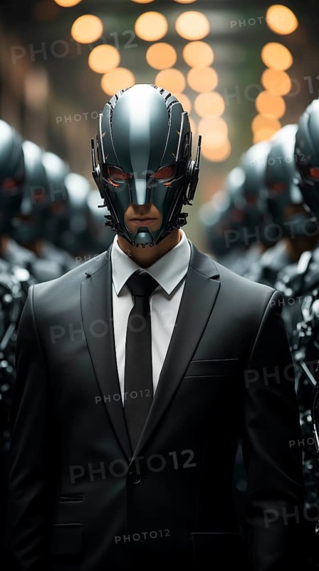 A man with a cybernetic helmet in a suit stands in the foreground with other similarly equipped men in the background, bionics, cyborgisation, fusion with technology, transhumanism, AI generated, AI generated