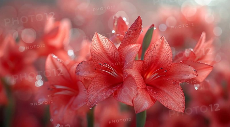 Butterfly sword lily, Gladiolus papilio red flowers with water droplets glisten in the light, AI generated