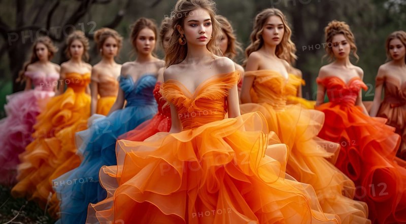 Teenage girls in opulent dresses (evening, ball gown) in motion, natural / authentic, from front, AI generated